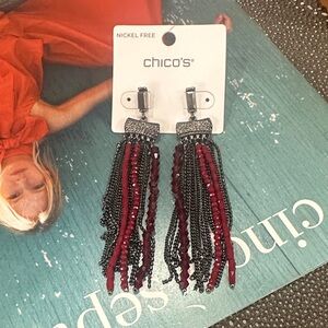 NWT Chico's Burgundy Red and Gunmetal Beaded and Chain Tassel Earrings